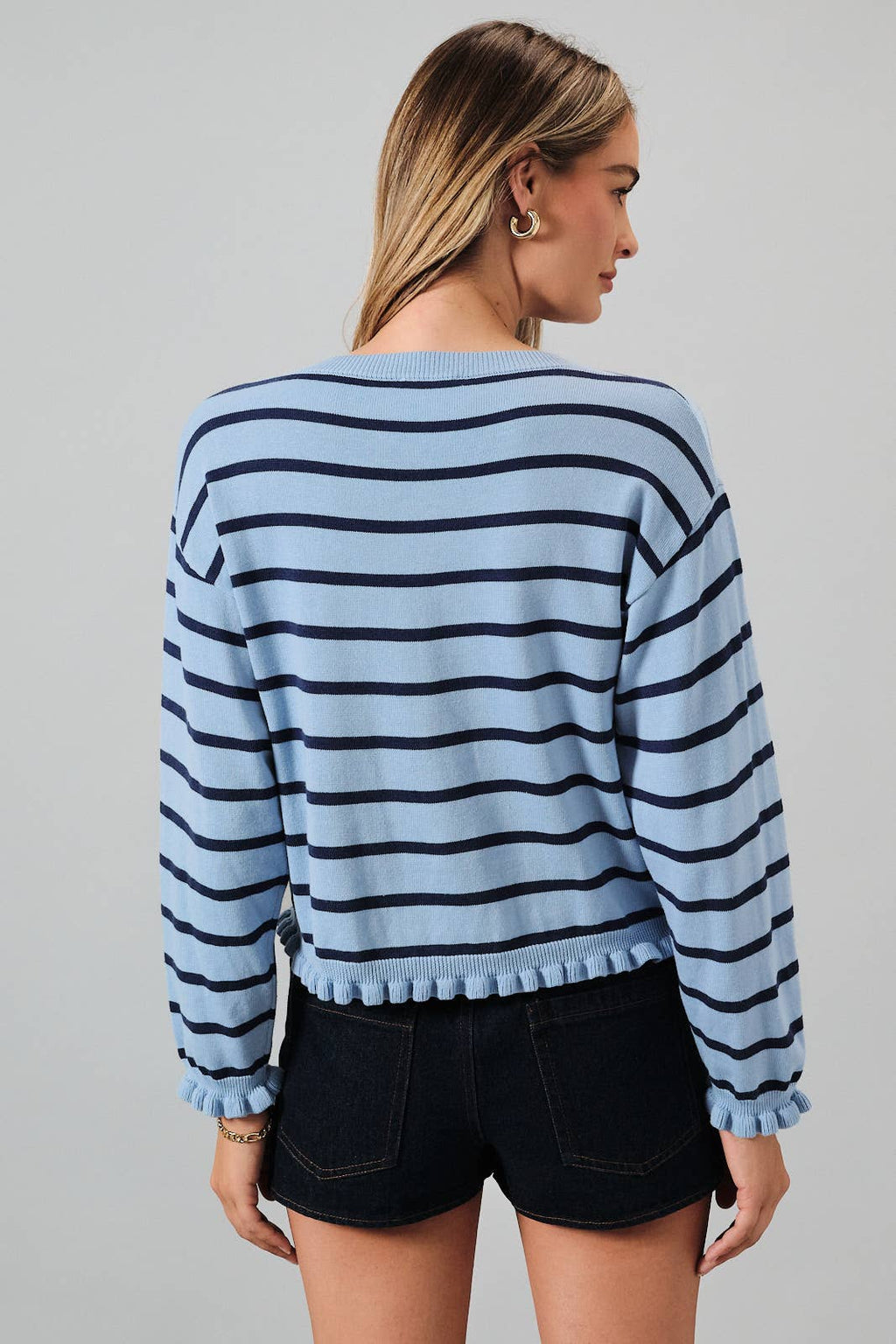 TWO-TONE STRIPED ROUND NECK CARDIGAN WITH RUFFLE DETAIL