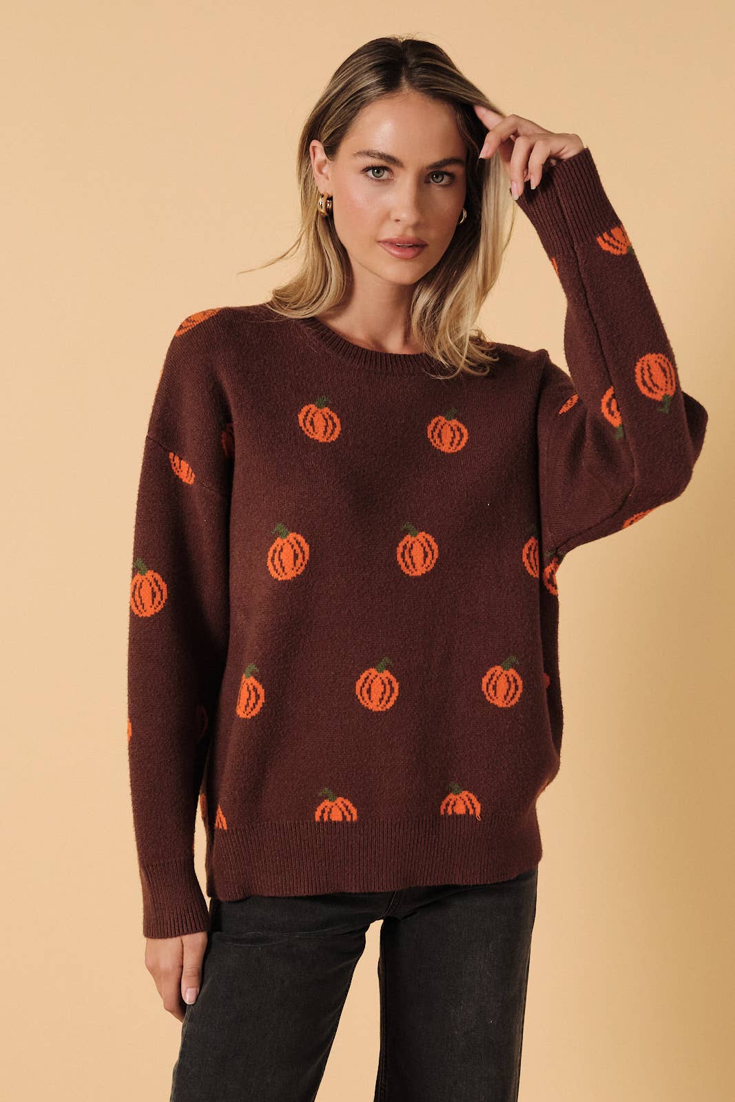 Oversized Pumpkin Graphic Crew Neck Knit Sweater