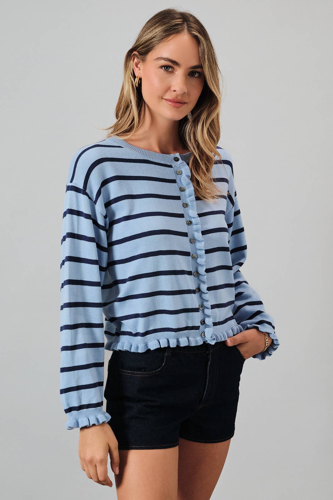 TWO-TONE STRIPED ROUND NECK CARDIGAN WITH RUFFLE DETAIL