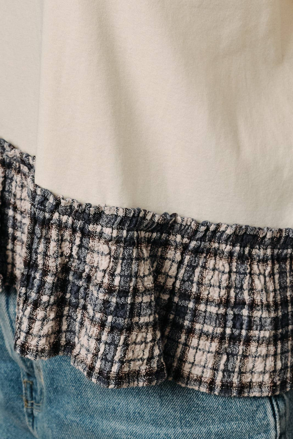 Crew Neck Short Sleeve Contrast Plaid Peplum Boxy Top
