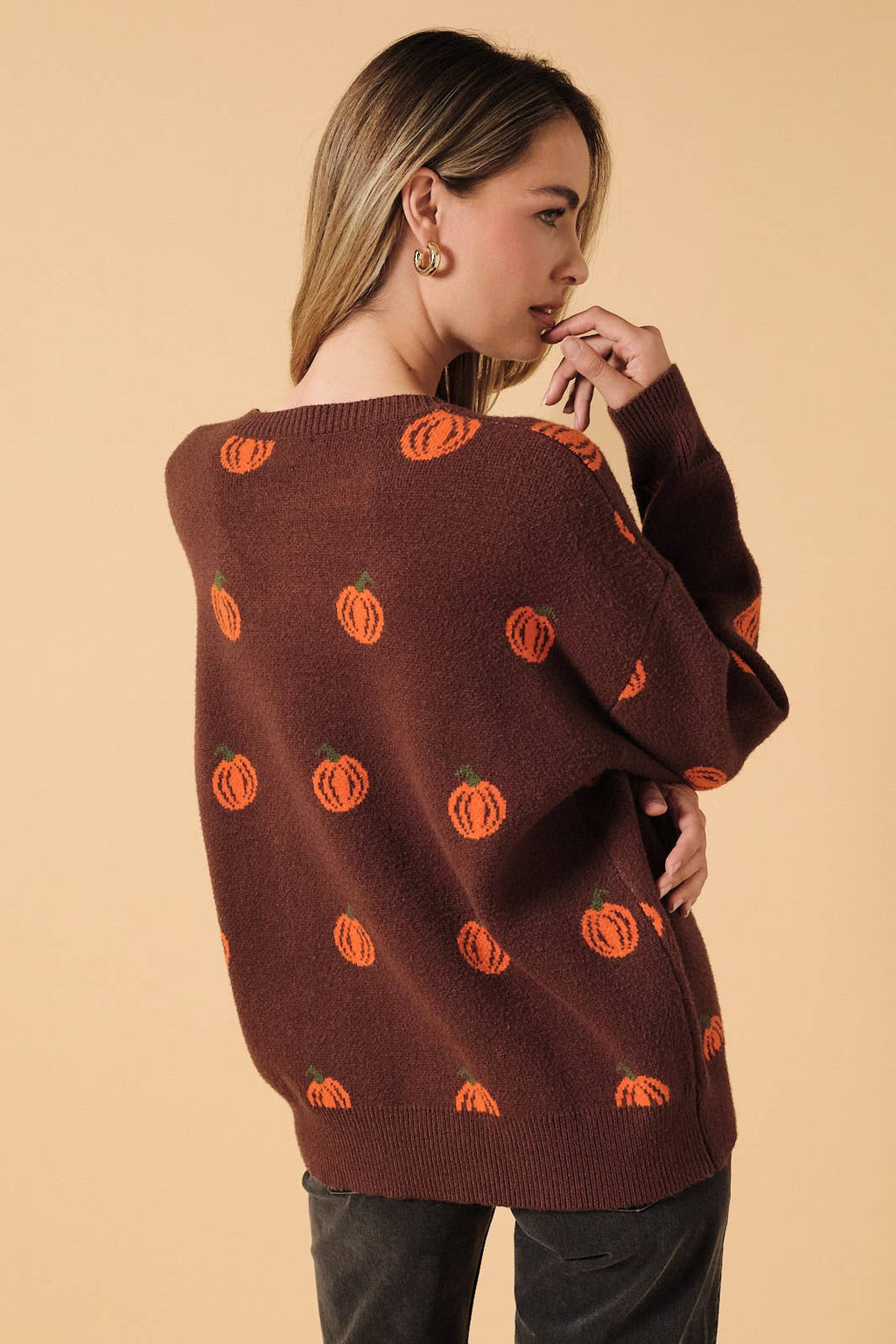 Oversized Pumpkin Graphic Crew Neck Knit Sweater
