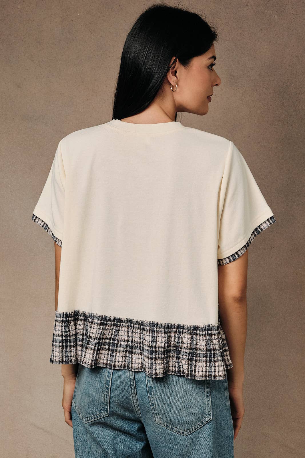 Crew Neck Short Sleeve Contrast Plaid Peplum Boxy Top