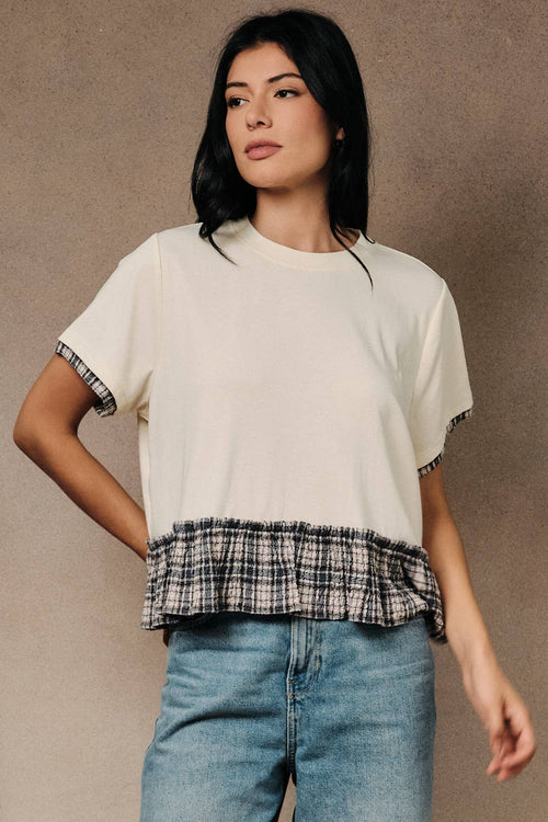 Crew Neck Short Sleeve Contrast Plaid Peplum Boxy Top