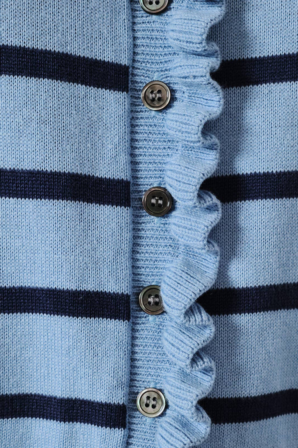 TWO-TONE STRIPED ROUND NECK CARDIGAN WITH RUFFLE DETAIL