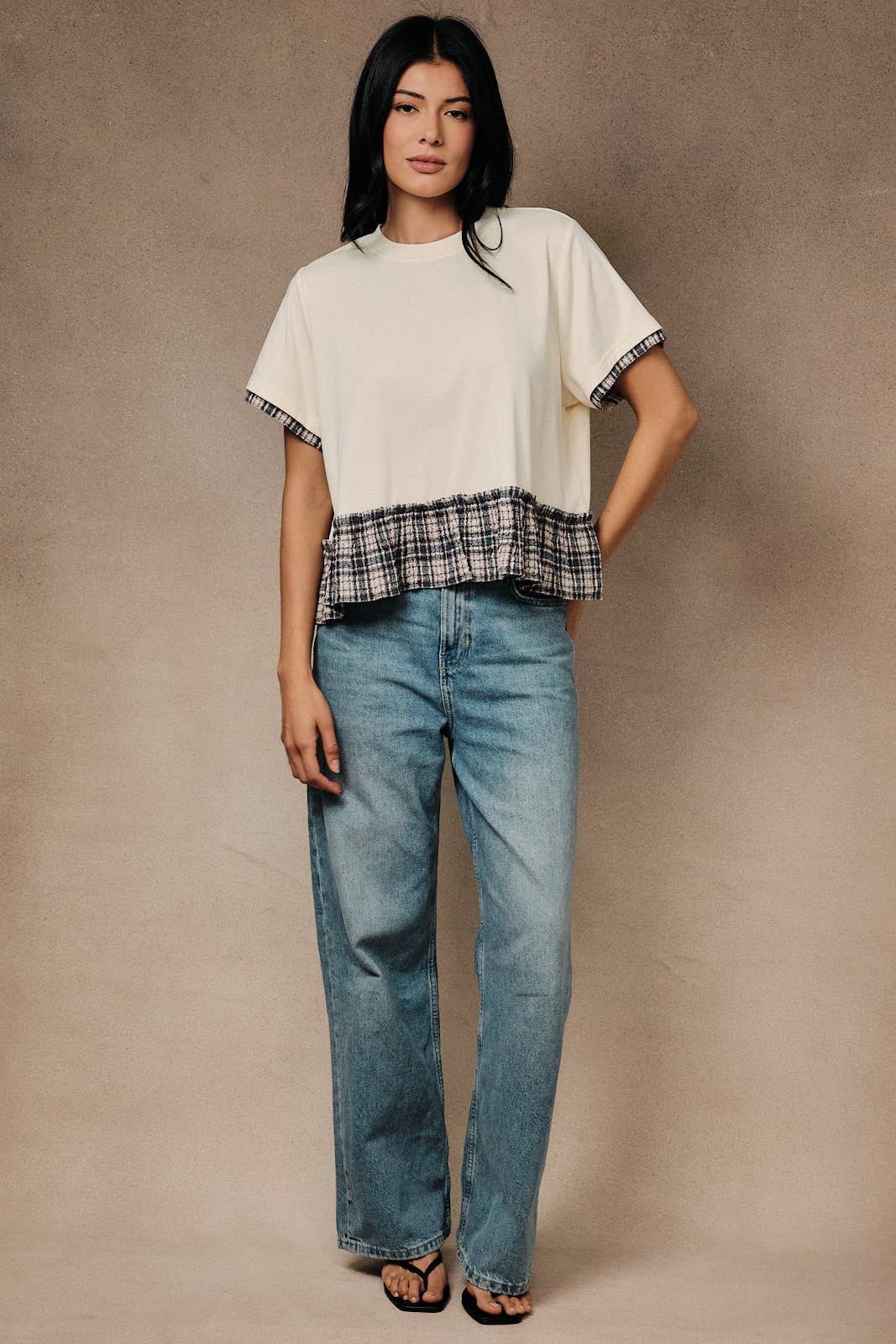 Crew Neck Short Sleeve Contrast Plaid Peplum Boxy Top